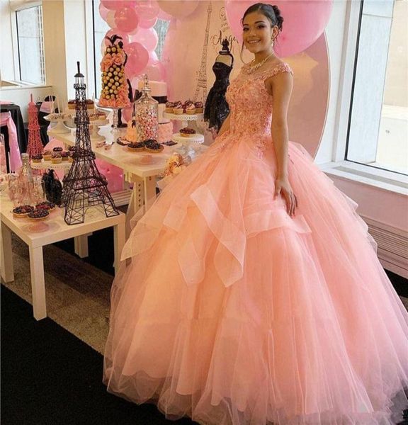 

selling puffy tulle quinceanera dresses with applique beaded scoop capped sleeves sweet 16 prom party formal gowns4999959, Blue;red