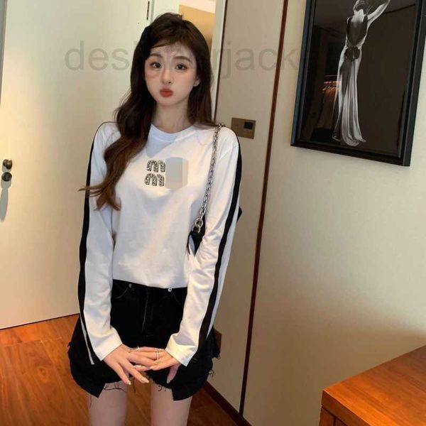 

women's t-shirt designer letter heavy work nail diamond round neck long sleeve t-shirt 23ss spring/summer new loose casual sunscreen cl, White