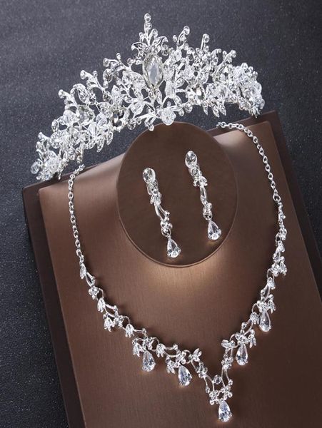 

baroque luxury silver color crystal heart bridal jewelry sets necklaces earrings tiaras crown wedding beads african jewelry sets2207850, White