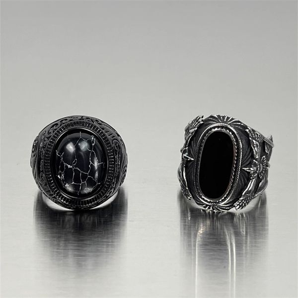 

european american carved black agate ring men's trendy brand domineering punk titanium steel index finger vintage accessories, Silver