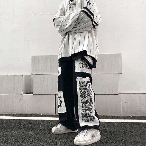 

men s pants spring and autumn cartoon patch large size pants men ins fashion high street lazy harajuku cargo streetwear casual jogger 230701, Black