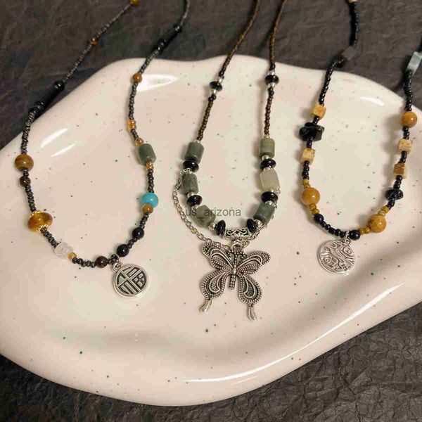 

vintage black rope handmade natural stone beads butterfly pendant necklace for lovers women sweater chain aesthetic jewelry l230620, Silver