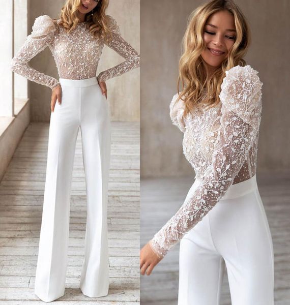 

elegant white jumpsuit wedding dress custom made lace long sleeves bridal gown simple vintage dresses vestido de novia5943369
