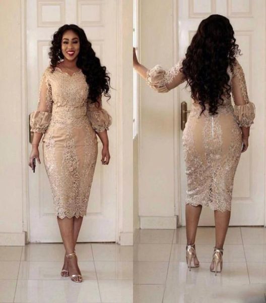 

elegant short lace plus size mother of the bride dresses long puff sleeve sheath tea length women formal party gowns custom size4282918, Black;red