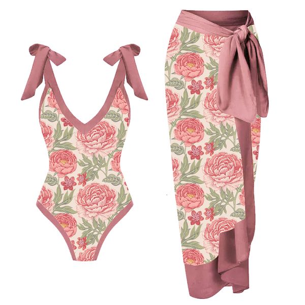 

swim wear lanswe retro print deep v peony swimsuit 2023 women smock swimwear two piece suit summer beach brazil 230701