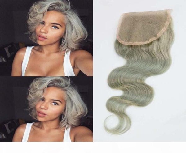 

malaysian human hair gray color 4x4 lace closure grey body wave closure mid three part35952521282120, Black;brown