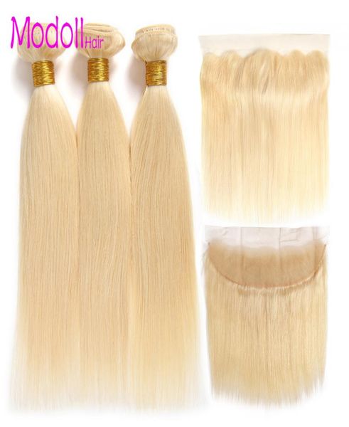 

10a modoll hair 3 bundles with 134 lace frontal closure 100 human hair weaving 613 blonde malaysian straight remy hair bundles w9735344, Black;brown