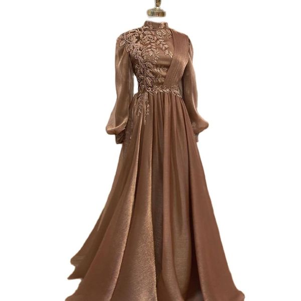 

brown high neck muslim evening dresses long sleeve a line with appliques prom gown pleat arabic dubai formal dress, White;black