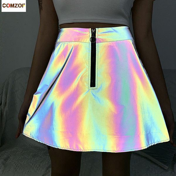 

two piece dress arrival women high waist skirt zipper reflective colorful a line fashion lady streetwear reflect light sundress femme jupes, White