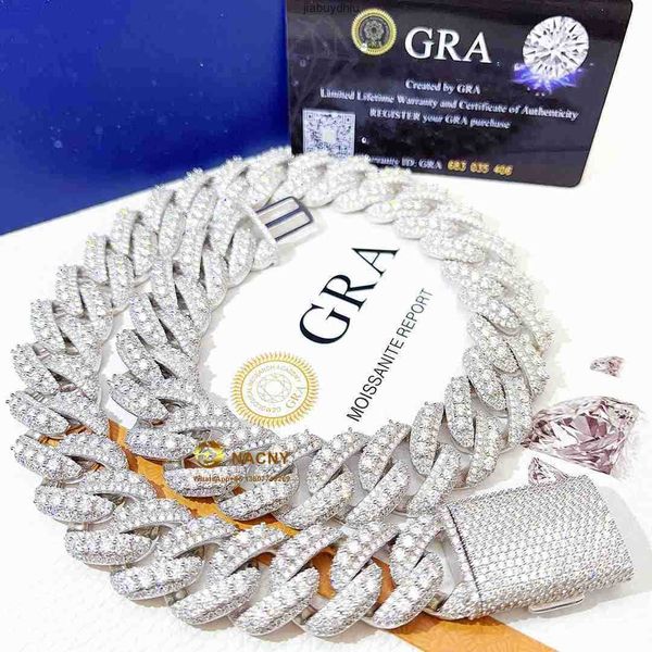 

hip hop jewelry 20mm 3 row pass diamond test vvs moissanite iced out necklace 925 silver cuban link chain