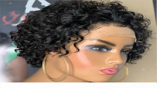 

pixie cut short curly wig 44 closure lace human hair wigs brazilian remy 8quotinch human hair preplucked with baby hair4890598, Black;brown
