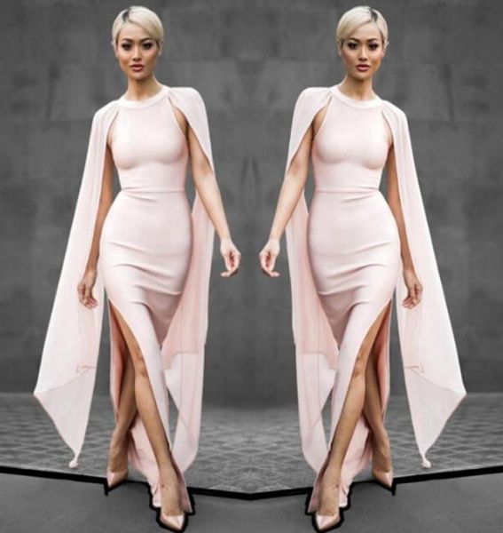 

blush pink chiffon evening gowns 2018 cap sleeves side split prom dresses sheath floor length formal party dress vestidos9690711, Black