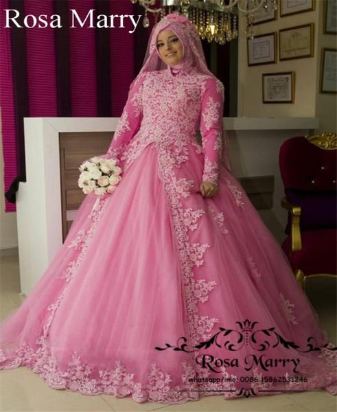 

pink islamic hijab ball gown wedding dresses 2020 high neck long sleeves vintage lace overskirt plus size kaftan abayas african br4784080, White
