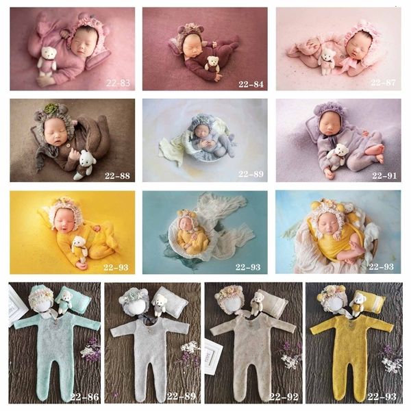 

keepsakes 4pcs born pography props baby crochet cute flowers hat romper pillow bear doll set soft warm knitted bodysuit po 230701