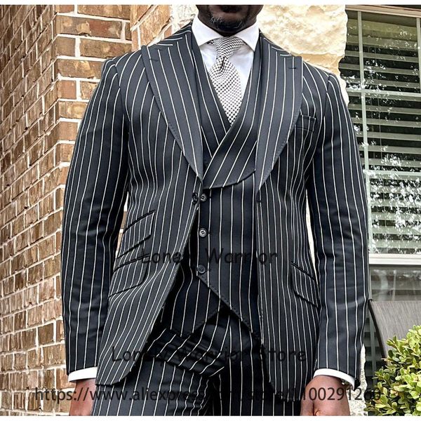 

men's suits blazers fashion black stripe men slim fit formal business blazer wedding groom tuxedo 3 piece set jacket vest pants costume, White;black