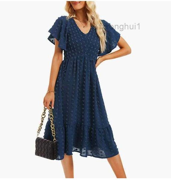 

designer dress summer casual dress pleated v-neck short sleeve swiss dot a-line bohemian flowing long clothing 1 w1r7, Black;gray