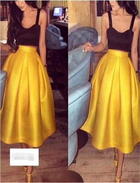 

fashion satin two pieces prom dresses gold tea length puffy a line skirts with black crop spaghetti straps1253709
