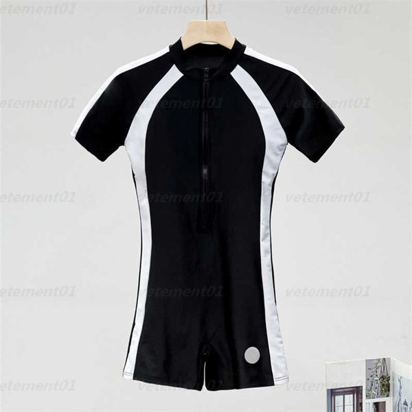 

classic siamese swim set designer swimsuit built-in gathering chest cushion black white color combination zipper stand-up collar one-piece s, White;black