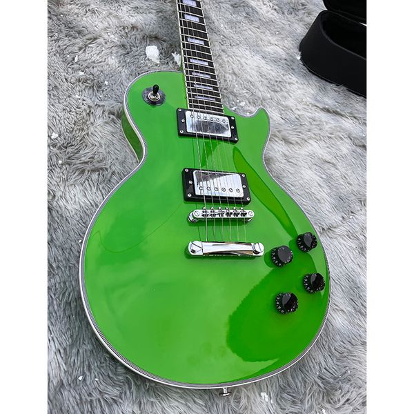 

bright green electric guitar, lock and buckle, classic brand, beautiful sound, delivery
