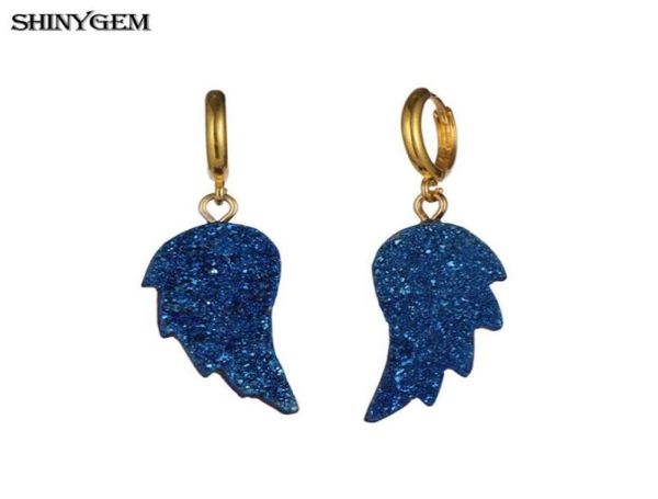 

shinygem angel wing crystal hoop earrings druzy feather gold plating natural stone for women huggie7754734, Golden;silver