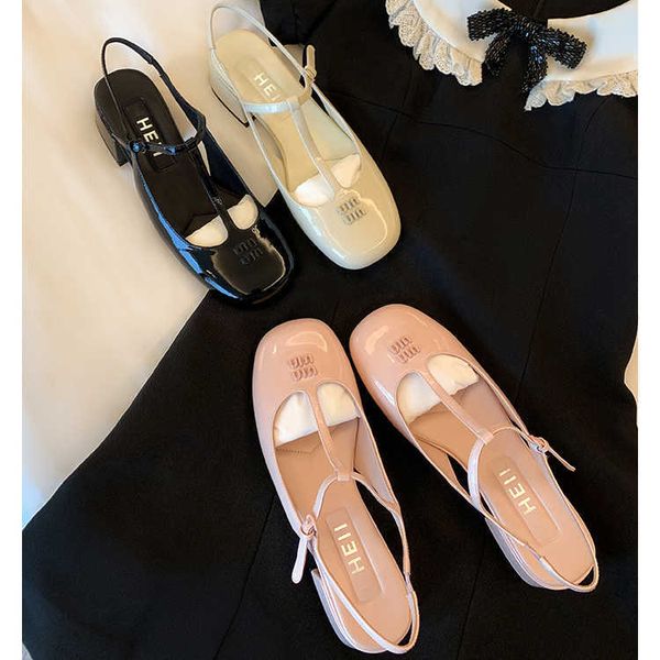 

2023 summer new amiu lacquer wrap genuine leather thick and hollow back with high heels mary jane sandals for women, Black