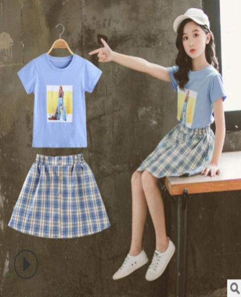 

girls dress clothing set 2021 new summer kids clothes coat children shirt active sets 2 piece two plaid colors size414 ly3693698565, White