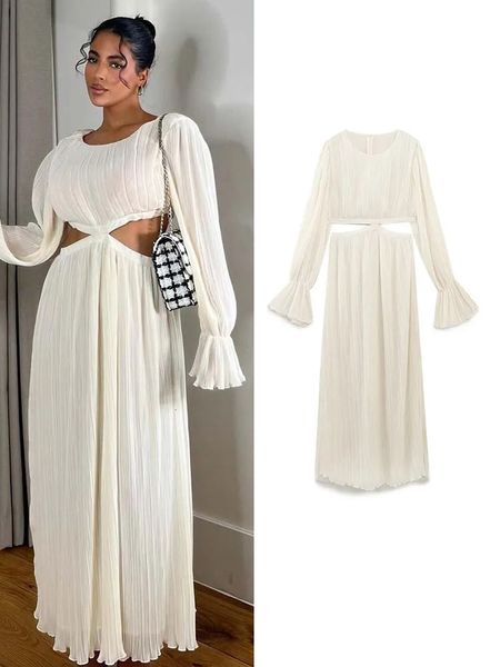 

urban dresses traf elegant women solid hollow out dress 2023 summer fashion flare sleeve mid calf casual beach style a line vestidos 230630, White;black