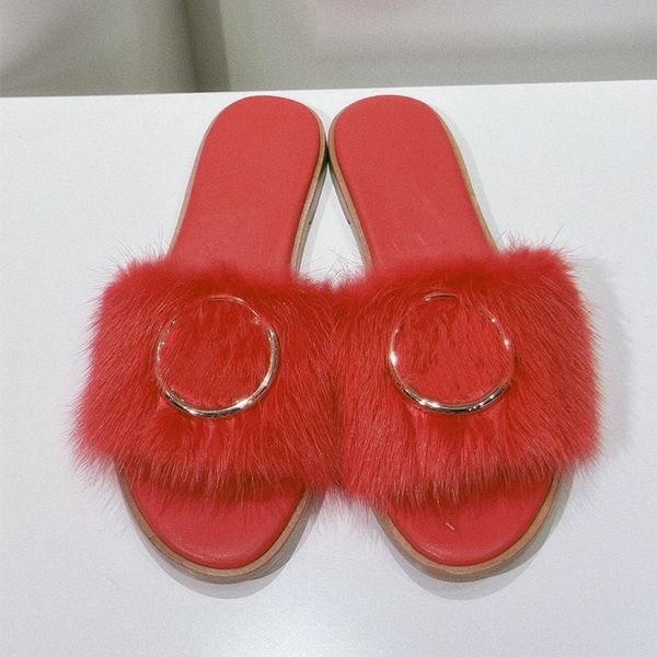 

luxury women's slippers designer mink fur flat bottomed open toe sandals, Black