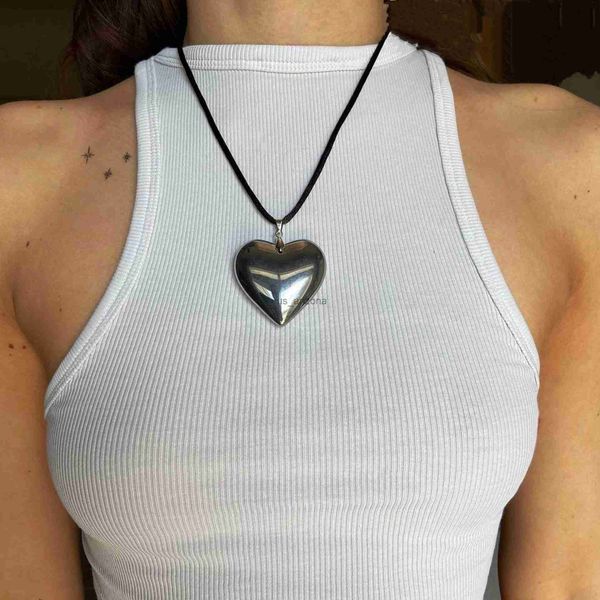 

korean fashion hyperbole punk big love heart pendant necklaces for women female hip hop rope beads chains necklace party jewelry l230620, Silver