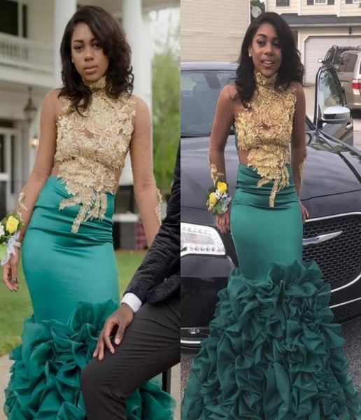 

2020 african hunter green mermaid prom dresses high neck with gold appliques party evening gowns pickups organza prom skirts3612914, Black