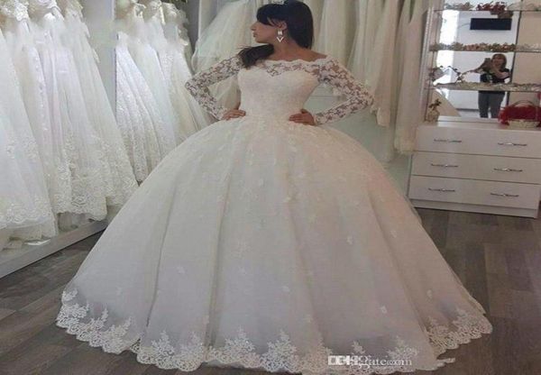 

2021 new lace wedding dresses off shoulder long sleeve appliques lace vintage ball gown bridal gowns plus size3557728, White