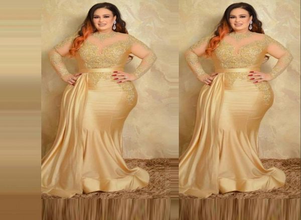 

2021 arabic plus size mermaid evening dresses wear jewel neck gold long sleeves lace appliques sweep train formal dubai abaya1982380, Black;red
