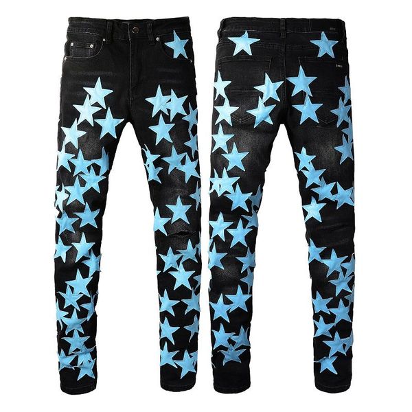 

mens jean distressed ripped bikers man luxury designer jeans slim fit motorcycle biker denim for men s black pour hommes ami#16, Blue