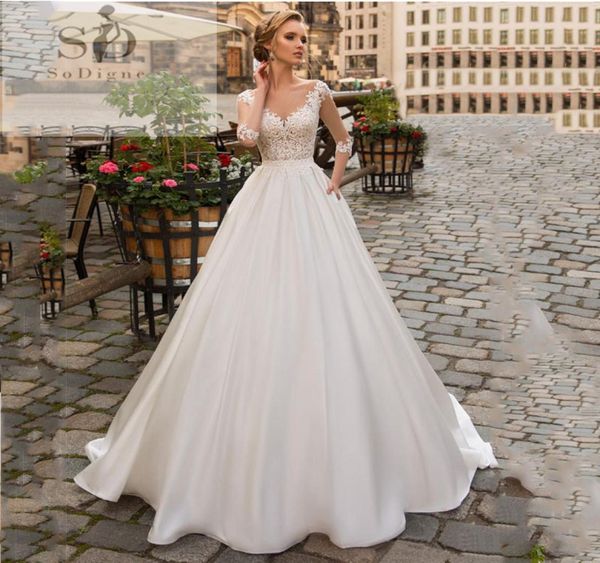 

sodigne wedding dress long sleeve boho bride dresses for women a line ivory lace appliques satin wedding gown5166576, White