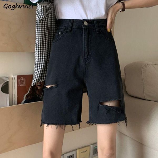 

leggings women denim shorts solid holes furlined kneelength vintage fashion straight leisure streetwear haruku allmatch japan style, Black