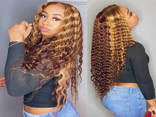 

curly human hair wig honey blonde ombre 13x1 brazilian brown color deep water wave hd frontal highlight bob lace front wigs6289787, Black;brown