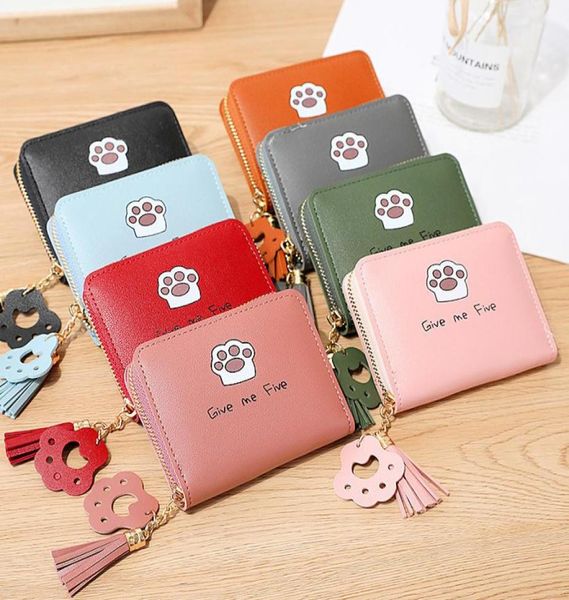 

2021 women leather luxury brand small wallets clutch bag cartoon women039s purse short zipper wallet with cute cat claw9089025, Black