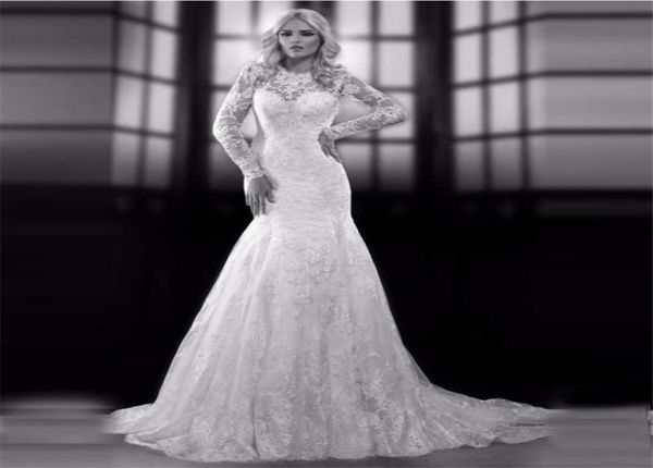 

backless oneck long sleeve lace applique bridal dress vestido de noiva robe de mariage mermaid wedding dresses3331507, White