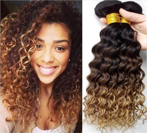 

1b427 honey blonde ombre brazilian hair weaves dark roots three tone human hair extensions deep curly wave virgin ombre hair 3b4263041, Black