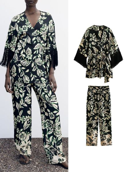 

women's tracksuits traf fashion women print blouse pants sets 2023 summer casual loose tassel sleeve bow elastic wide leg street wear, Gray
