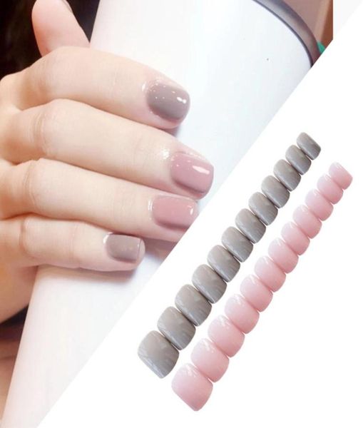 

24pcsset cute sweet light gray powder jumping square head solid color fake nails finished fingernails nail art false nails tips9895116, Red;gold