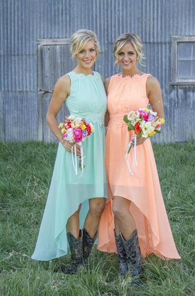 

country westen colored high low bridesmaid dresses chiffon short bridesmaid dresses maid of honor dresses with cowboy boots appliq2760669, White;pink