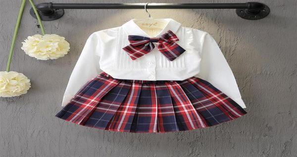 

retail kids designer tracksuits girls bow shirt plaid skirts 2 piece outfits korean fashion long sleeve suits set children clothin6227152, White
