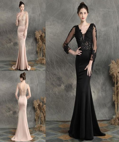 

fashion champagne black evening mother of the bride groom dresses with 34 long illusion lace sleeves beaded v neck mermaid satin3176315, Black;red