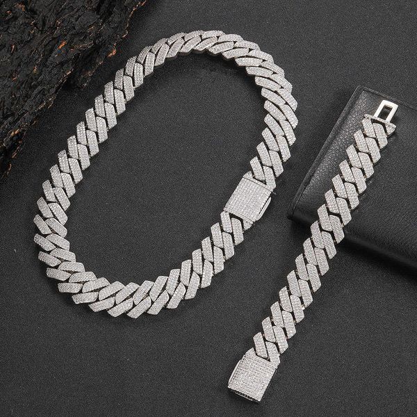 

20mm cuban chain men's bracelet 18k gold plated flip buckle with three rows of zircon hip-hop necklace, Golden;silver