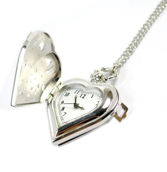 

whole 100pcslot heart hollow pocket watch pocket watch dial pendant necklace chain quartz pocket watch pw0707429960, Slivery;golden