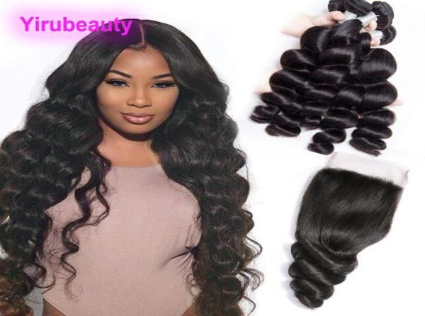 

mongolian virgin hair extensions loose wave 4 bundles with 4x4 lace closure baby hair mink bundle natural color 1028inch1225107, Black;brown