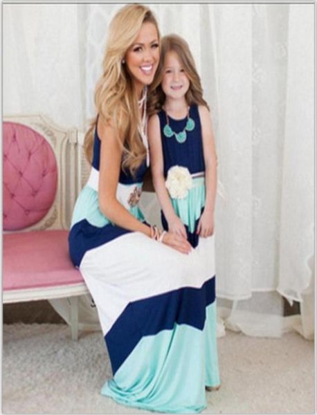 

family matching outfits new kids clothing stripe sleeveless casual mother daughter dresses clothes mommy and me7213187, Blue