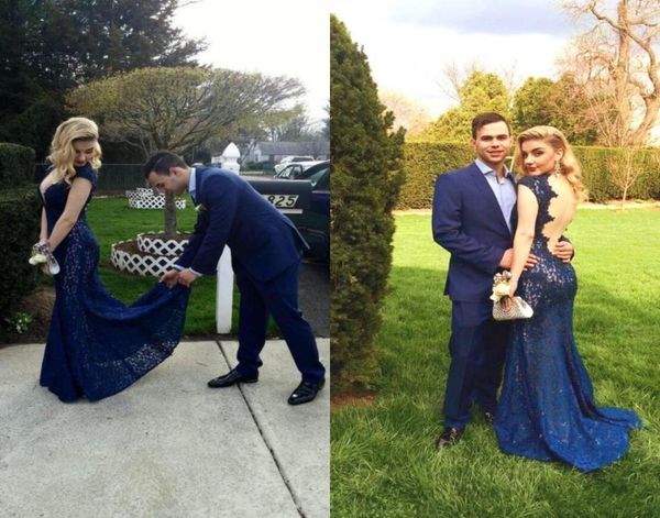 

dark navy blue lace evening dresses back cocktail gowns v neck capped sleeve robe de soriee long prom party gowns8647329, Black;red