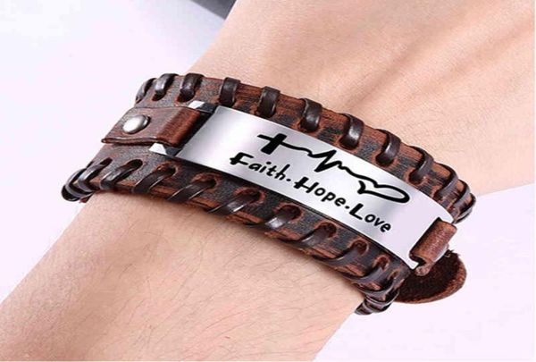 

leather bracelet men bible proverb sayings stainless steel cross charm wristband bangle faith lover l2206226604364, Golden;silver